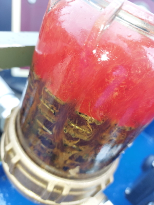 Nearing the end of the fuel polishing session, the fuel has become visibly cleaner Nearing the end of the fuel polishing session, the fuel has become visibly cleaner